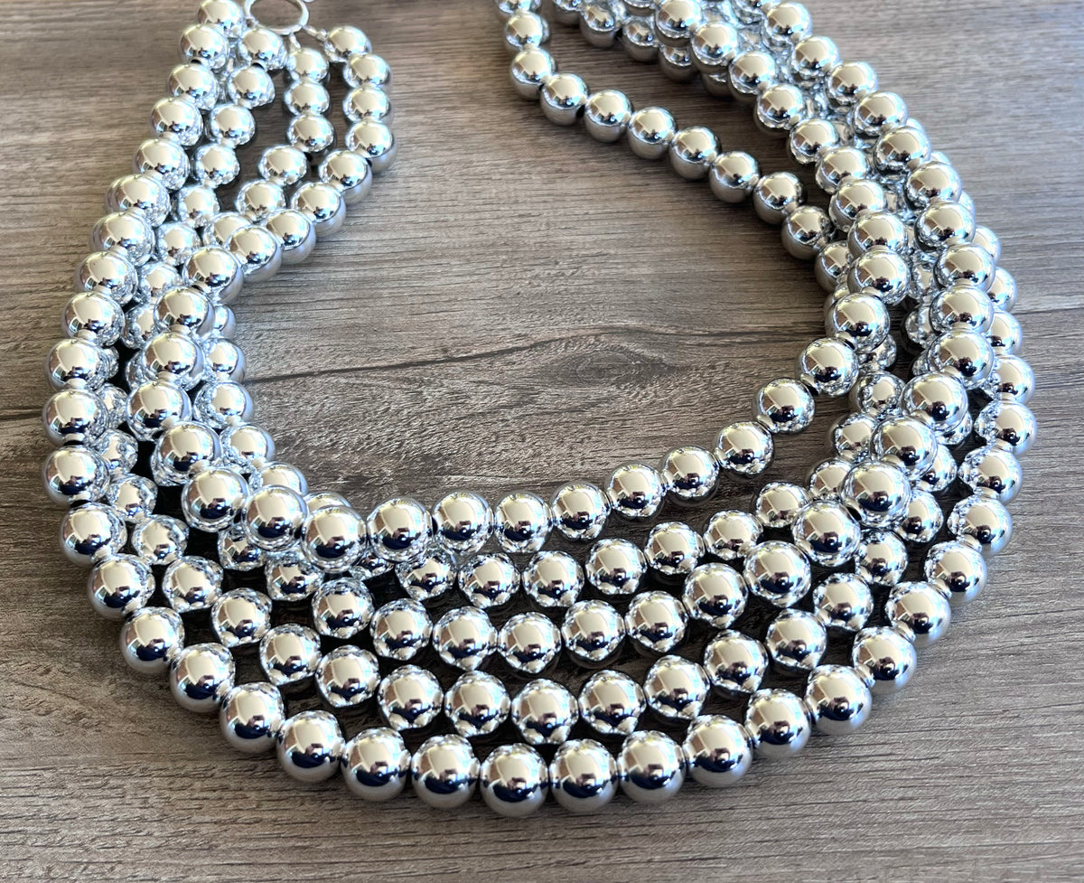 Silver Shiny Acrylic Big Beaded Chunky Multi Strand Statement
