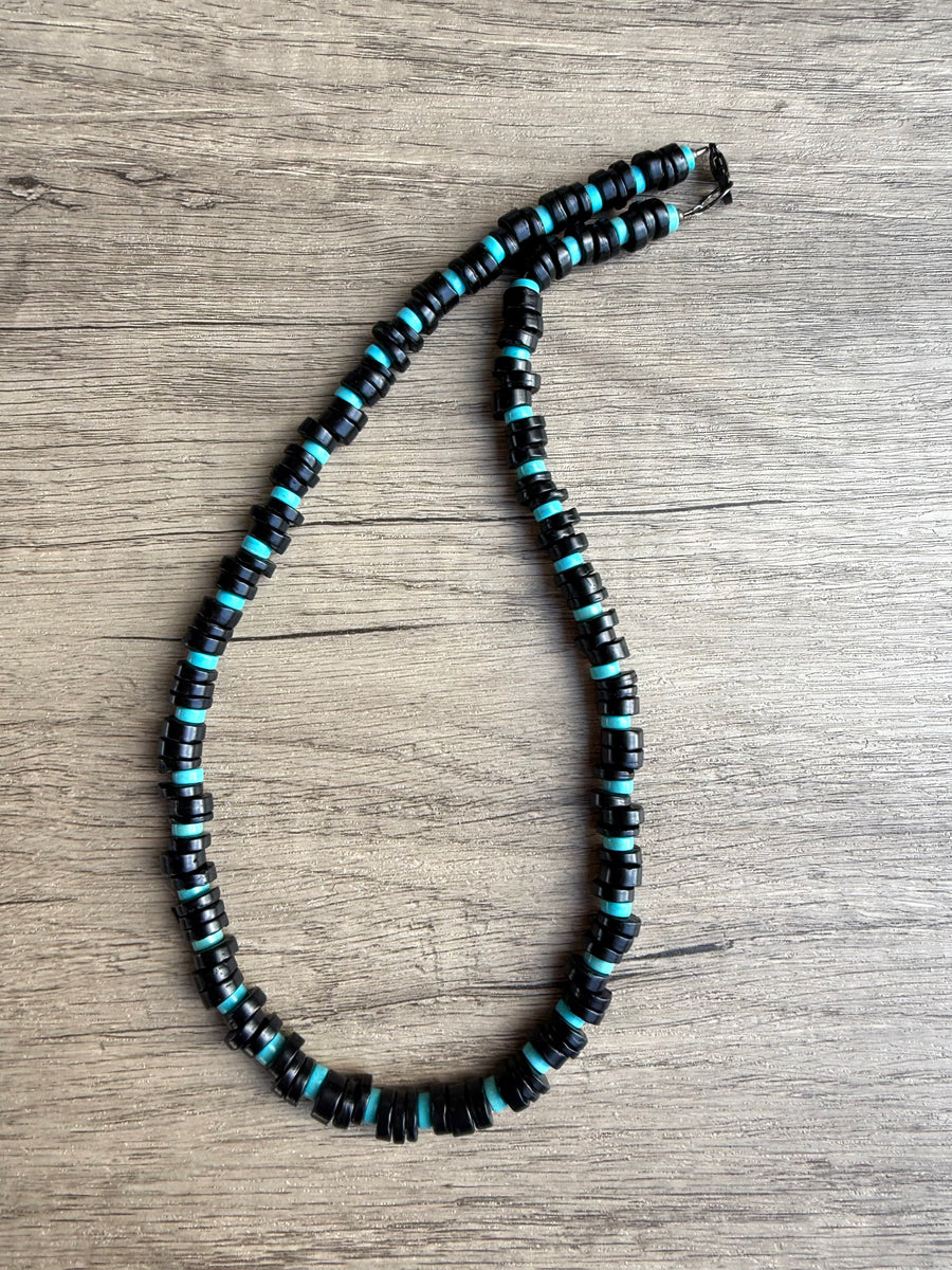 Black Coconut Wood Blue Turquoise Beaded Mens Necklace - Dennis
