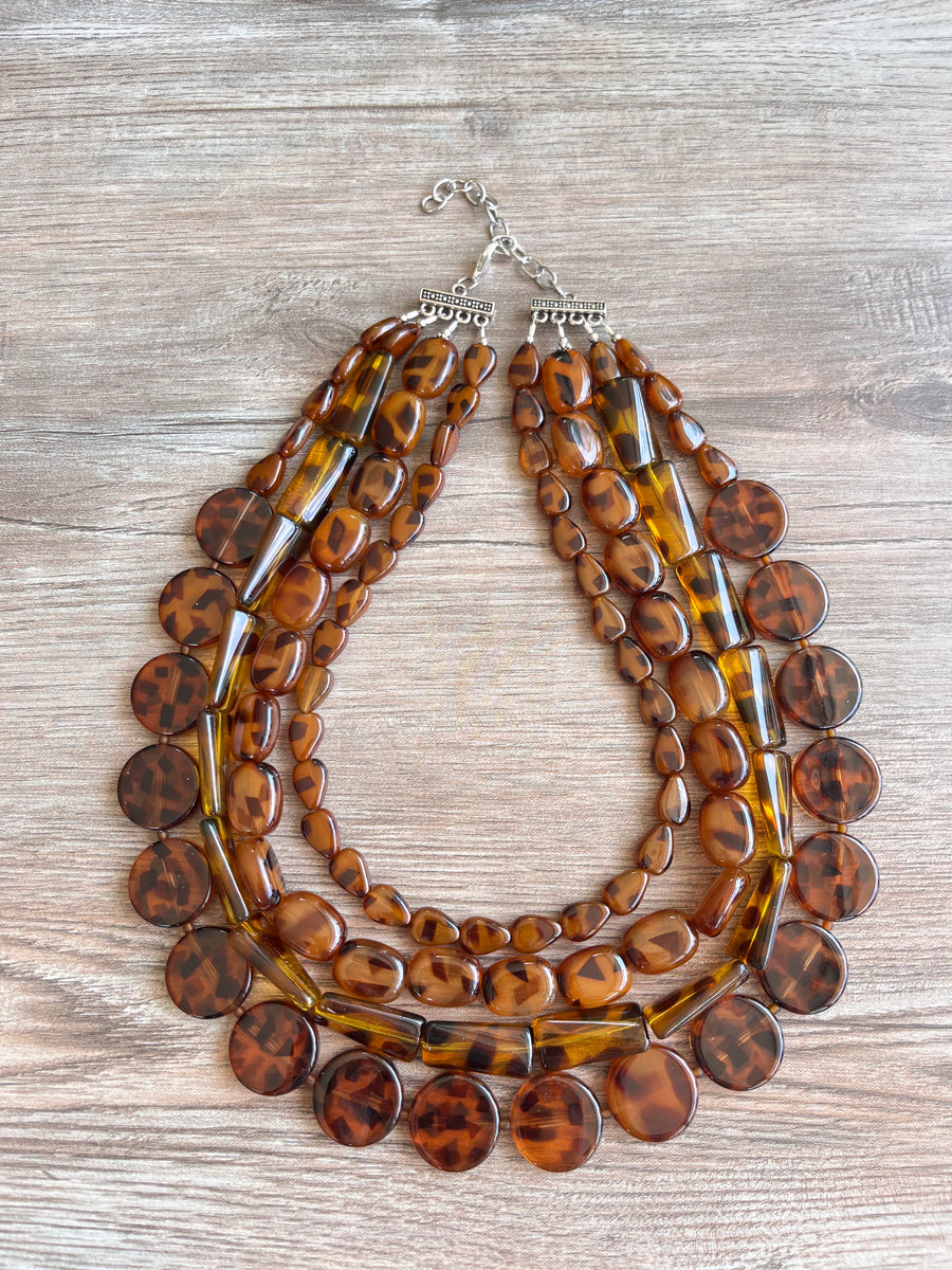 Tortoise Shell Beaded Acrylic Lucite Chunky Statement Necklace - Main Image