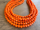 Orange Beaded Statement Acrylic Chunky Lucite Multi Strand Necklace - Beth