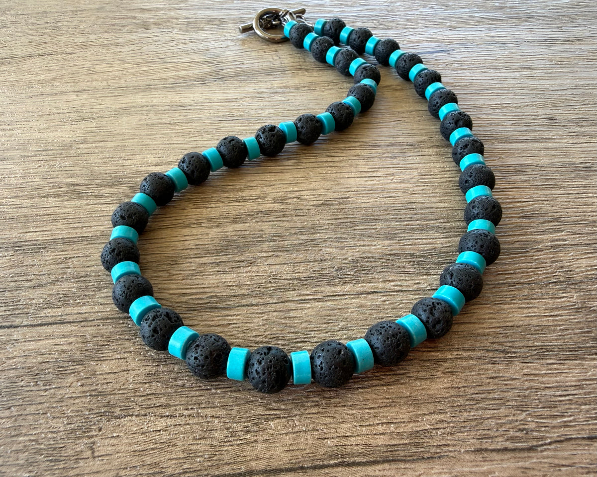 Black Lava Rock Turquoise Mens Surfer Beaded Long Necklace - Mack