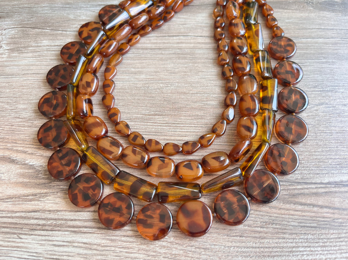 Tortoise Shell Beaded Acrylic Lucite Chunky Statement Necklace