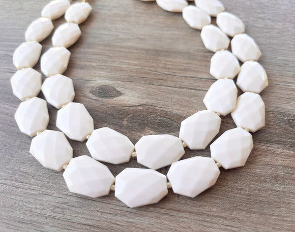 Ivory White Faceted Beaded Multi Strand Chunky Statement Necklace - Jane