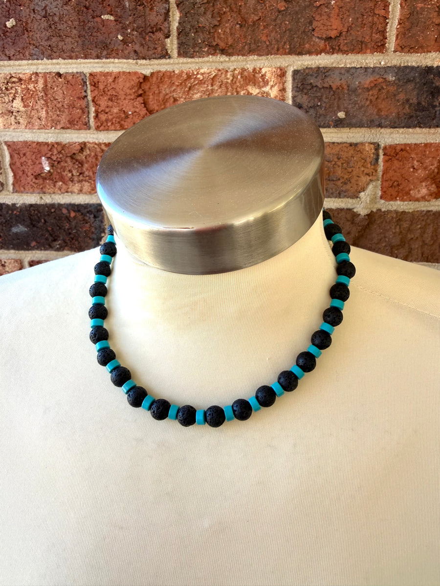 Black Lava Rock Turquoise Mens Surfer Beaded Long Necklace - Mack