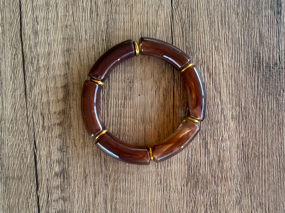 Green Brown Ivory Acrylic Bead Tube Stretch Womens Bracelet – Dana