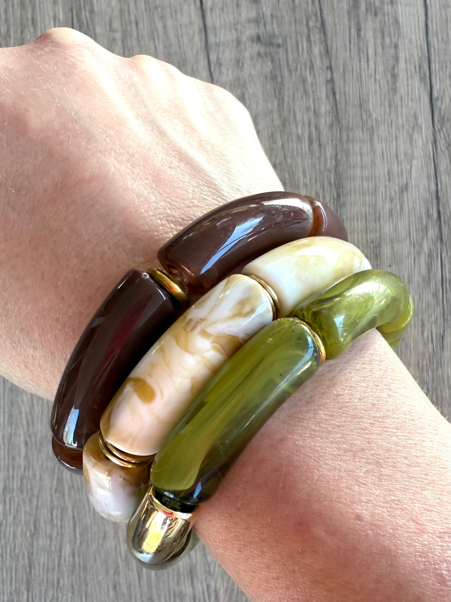 Green Brown Ivory Acrylic Bead Tube Stretch Womens Bracelet – Dana