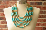 Turquoise Green Gold Acrylic Bead Multi Strand Statement Necklace - Tanya