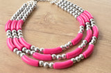 Hot Pink Silver Acrylic Tube Bead Multi Strand Statement Necklace - Tanya