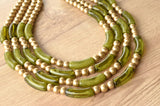Olive Green Gold Acrylic Bead Multi Strand Statement Necklace - Tanya
