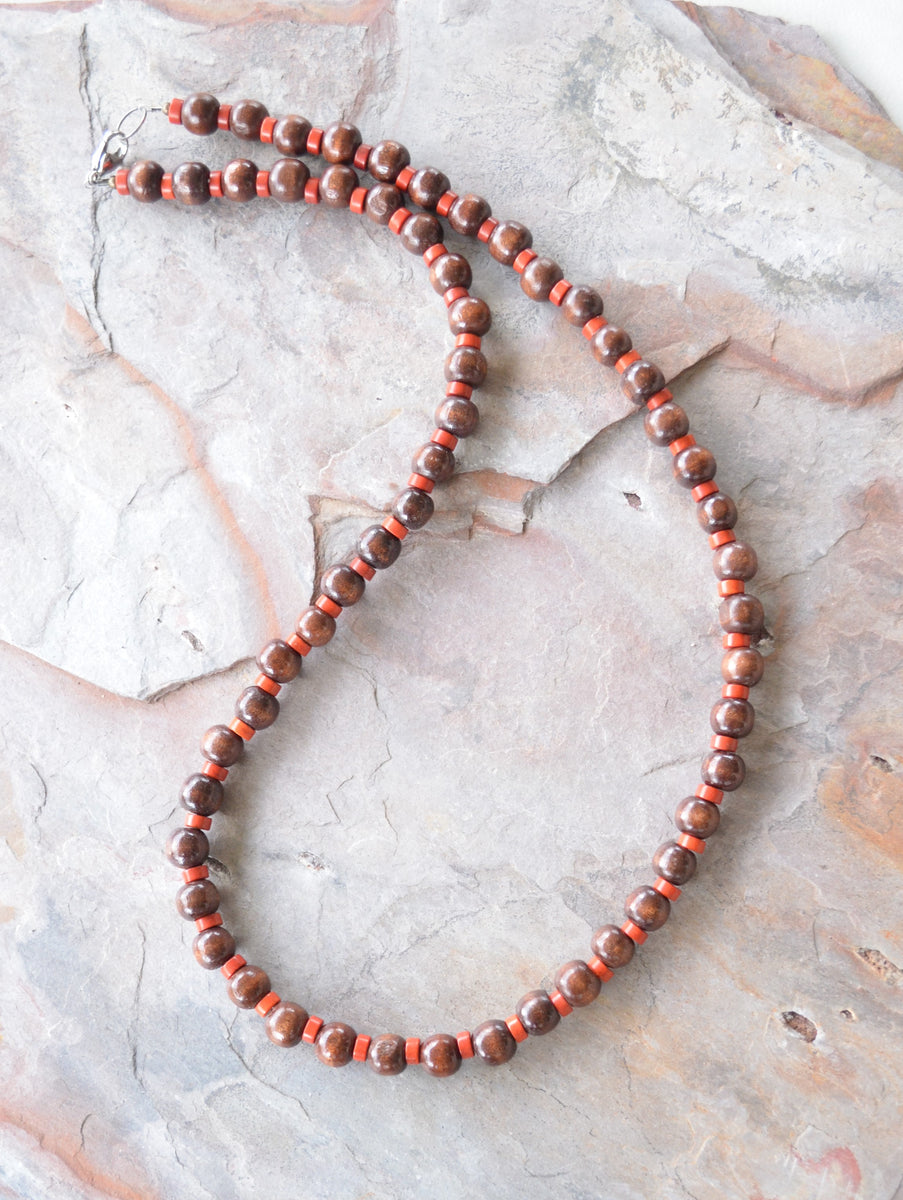 Brown Red Wood Magnesite Stone Beaded Mens Necklace - Rudy – Dana