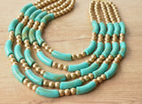 Turquoise Green Gold Acrylic Bead Multi Strand Statement Necklace - Tanya