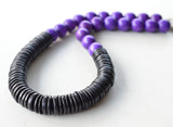 Purple Black Chunky Wood Long Boho Beaded Statement Necklace - Elena