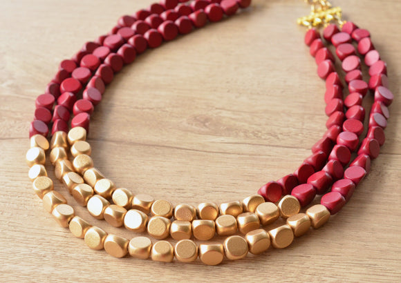 Dark Red Gold Wood Beaded Chunky Statement Necklace - Lisa