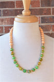 Yellow Green Gold Long Bead Chunky Agate Wood Statement Necklace - Mollie