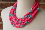 Hot Pink Turquoise Flower Bead Acrylic Chunky Multi Strand Necklace - Marcia
