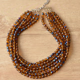 Brown Dark Blue Crystal Faceted Beaded Glass Multi Strand Statement Necklace - Rebecca