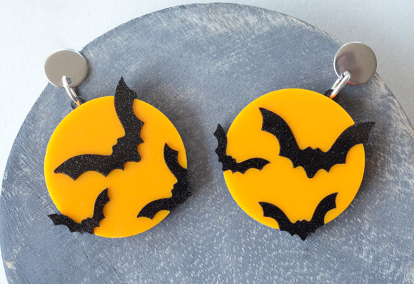 Orange Black Bat Moon Halloween Statement Acrylic Dangle Earrings