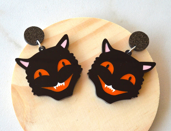 Black Cat Vintage Style Halloween Acrylic Big Dangle Statement Earrings