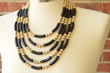 Black Gold Gold Acrylic Tube Bead Multi Strand Statement Necklace - Tanya