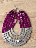 Purple Silver Wood Beaded Statement Chunky Multi Strand Necklace - Regan
