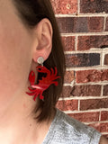 Lobster Crab Red Glitter Acrylic Big Dangle Statement Earrings
