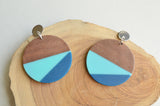 Orange Blue Wood Lucite Large Geometric Statement Dangle Earrings - Orville