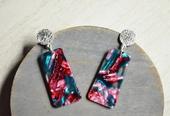 Pink Blue Acrylic Lucite Terrazzo Large Statement Womens Dangle Earrings - Nevaeh