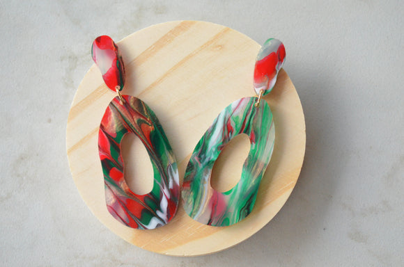 Green Red White Christmas Jewelry Lucite Acrylic Big Dangle Statement Earrings - Sylvia