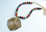 Multi Color Statement Necklace, Gold Pendant Necklace, Medallion Necklace, Long Colorful Necklace - Samantha