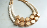 White Gold Statement Beaded Wood Chunky Multi Strand Necklace - Riley
