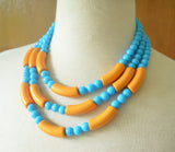 Yellow Turquoise Blue Acrylic Bead Multi Strand Statement Necklace