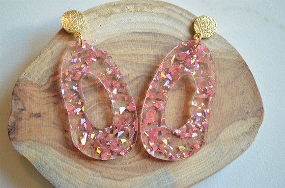Pink Clear Glitter Lucite Acrylic Big Womens Statement Earrings - Sylvia