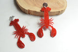 Lobster Crab Red Glitter Acrylic Big Dangle Statement Earrings