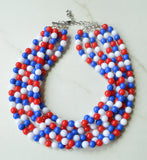 Red White Blue Acrylic Lucite Bead Chunky Multi Strand Statement Necklace - Alana