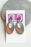 Gray Brown Wood Lucite Big Oval Post Statement Clip On Dangle Earrings
