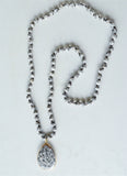 Gray Black Long Jasper Stone Pendant Knotted Bead Statement Necklace - Erin