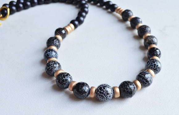Black Gold Long Bead Chunky Agate Wood Statement Necklace - Mollie