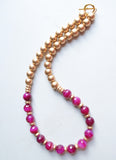Fuchsia Pink Gold Long Bead Chunky Agate Statement Necklace - Mollie