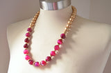 Fuchsia Pink Gold Long Bead Chunky Agate Statement Necklace - Mollie