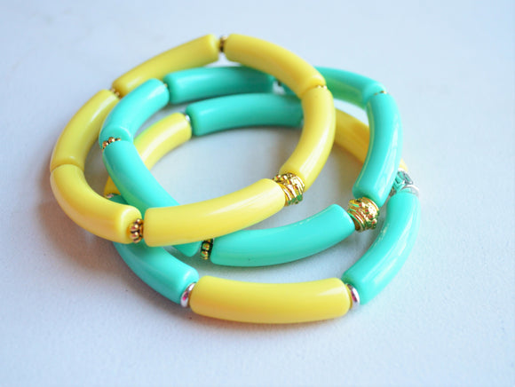 Yellow Green Turquoise Acrylic Lucite Tube Stretch Womens Bracelet