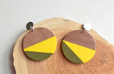 Orange Blue Wood Lucite Large Geometric Statement Dangle Earrings - Orville