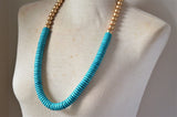 Blue Gold Wood Beaded Long Chunky Statement Necklace - Elena