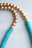 Blue Gold Wood Beaded Long Chunky Statement Necklace - Elena