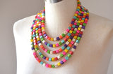 Multi Color Howlite Beaded Chunky Colorful Statement Necklace - Cubist