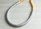 Yellow Silver Beaded Long Wood Statement Necklace - Elena