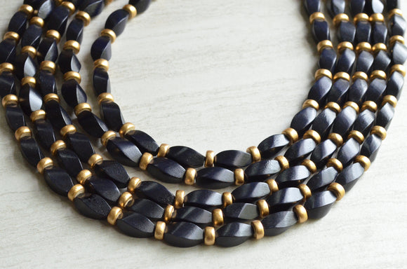 Black Gold Wood Statement Necklace Beaded Chunky Necklace - Sabrina