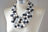 Black Silver White Statement Necklace Wood Beaded Necklace Chunky Multi Strand Necklace - Charlotte