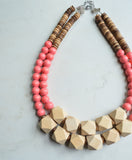 Orange Pink Coral Beige Wood Bead Chunky Multi Strand Statement Necklace - Riley