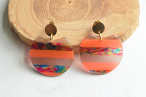 Coral Orange Multi Color Acrylic Lucite Big Dangle Statement Earrings - Hanna