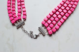Hot Pink Cube Beaded Multi Strand Chunky Statement Necklace - Cubist